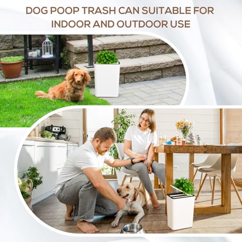 Image of Jingmore Dog Poop Trash Can Outside 3.96 Gal /15 L Plant Styled Dog Waste Trash Can with Lid 50 Waste Bags Outdoor Indoor Poop Container Slim Garbage Bin for Yard Garden Pet (White)