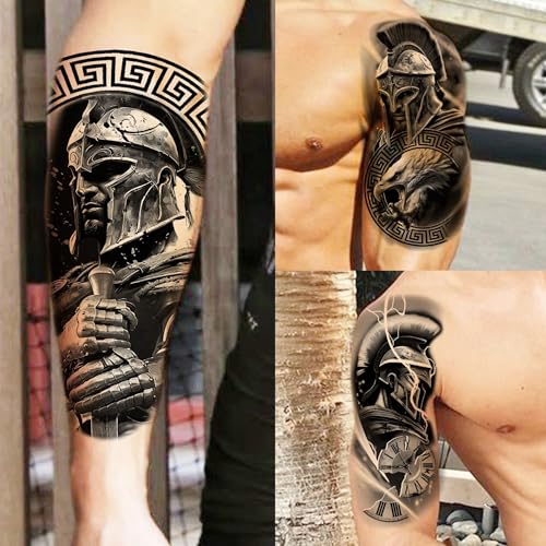 74 Sheets Large Spartan Warrior Temporary Tattoos For Men Women Half Arm Sleeve, 3D Long Lasting Temp Bulk Halloween Knight Waterproof Black Realistic Gladiator Fake Tattoo Sticker For Adults - Image 3