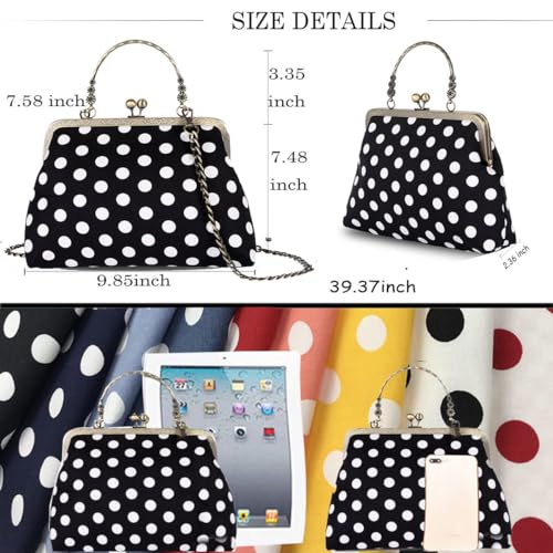 Abuyall Clutch Purses for Women Vintage 1950s Polka Canvas Kiss Lock Evening Bag Chain Shoulder Bag Red-white-dot — view 4