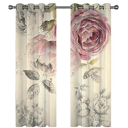 Qiuka Plantes Rideaux Occultants Thermiques de Salon Chambre Enfant,3D Imprimé Fleur Végétaux Rose Pivoine Classique Motif Rideau pour Enfant Fille,Moderne Rideaux Exterieur 140x160cm L x A Cover