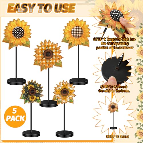 Image of Yousoontic 5 Pcs Summer Sunflower Table Decor Sunflower Standing Wooden Sign Summer Floral Centerpiece for Table for Home Kitchen Fireplace Mantel Shelf Tiered Tray Decor