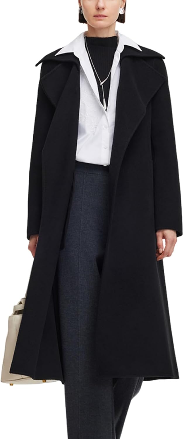 GOELIA Women's Coats Cashmere Wool Long Double-Faced Long Sleeve Plus Size Pea Coat With Belt Winter Trench Coats Overcoat