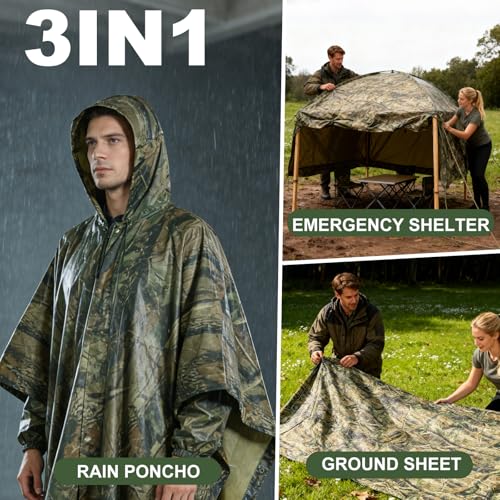 Mture Camouflage Regen Poncho, 3-in-1-Multifunktional Regenmantel Wasserdichter Regenjacken, Wiederverwendbar Camouflage Regenjacken Regencape, Regencape mit Kapuze für Fahrrad, Wandern und Camping