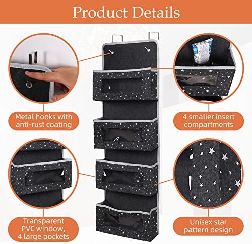 Ohiyoo Over Door Hanging Organizer with 4 Pockets, Felt Baby Wipes Bag Nappy Hanging Storage Bags with 2 Hooks & Clear Window for Children's Room Nursery Bathroom, Dark Grey