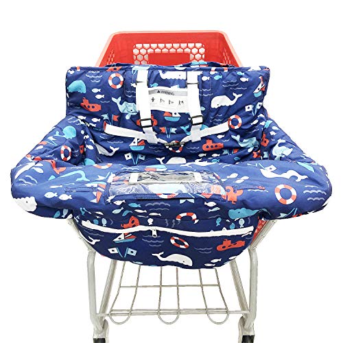 Portable 2-in-1 Grocery Cart Seat Cover and Baby Highchair Cover (Navy Blue Whale)