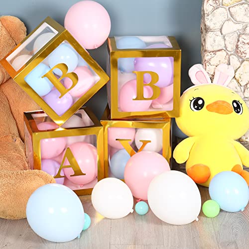 Image of Sooyee Gold Clear Baby Boxes with Letters for Baby Shower Birthday Party Decorations, Transparent Ballon Boxes Backdrop,Gender Reveal, Baby Blocks