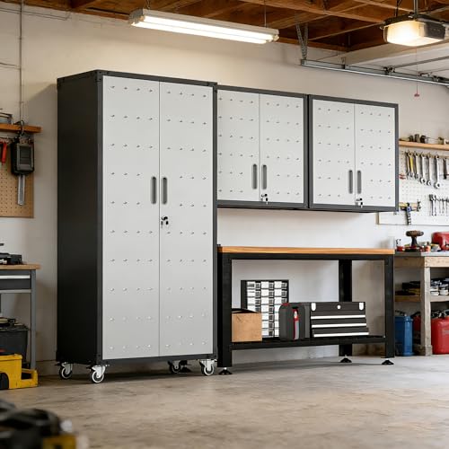 Image of Garage Cabinet System | Heavy Duty Steel All-in-One Modular Garage Cabinet Set for Ultimate Workshop Organization | Easy Assembly Garage Storage Cabinets & Tool Bench