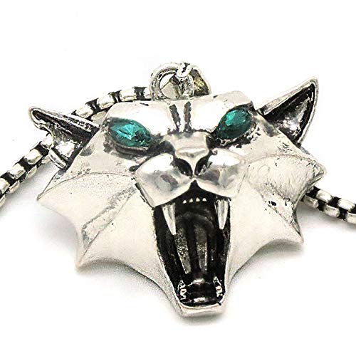 Davitu Cat School Medallion Cosplay Pendant Witcher Monster Ciri Medallion Green Rhinestone Gold Color cat Head Witcher Necklace NK0247 - (Metal Color: Silver, Length: Without Bag and tag)