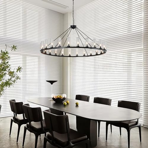 Image of 24 Light Large Wagon Wheel Chandelier with Clear Glass Shade Black Round Pendant Light Farmhouse Industrial Chandeliers Dining Room Light Fixture for Stair Living Room Foyer Kitchen