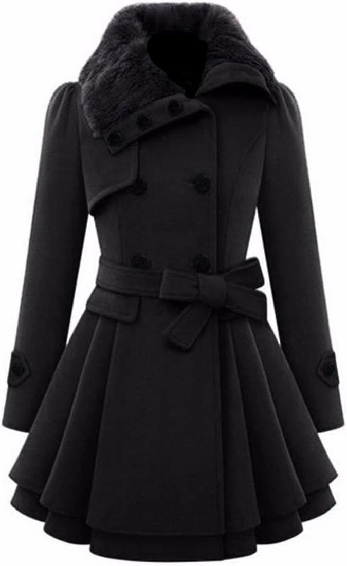 Sexyshine Women's Winter Faux Fur Lapel Double-Breasted Trench Coat A-Line Thick Slim Flared Wool Blend Pea Coat Jacket