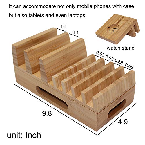 Pezin & Hulin Bamboo Charging Station Holder with 5 Port USB Charger, Watch Stand, 5 x Charge Cable, Wood Docking Stand Electronic Organizer for Multiple Devices, Phones, Tablets, Laptop and More - Thumbnail 4