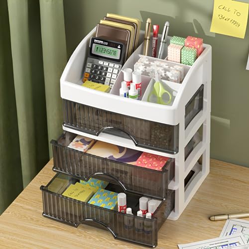 Image of HoopVool Desk Makeup Organizer, White 2-Layer Plastic Storage Box with Sliding Drawer, Stylish Display Case for Cosmetics, Lotion, Nail Polish, Brushes, and Jewelry