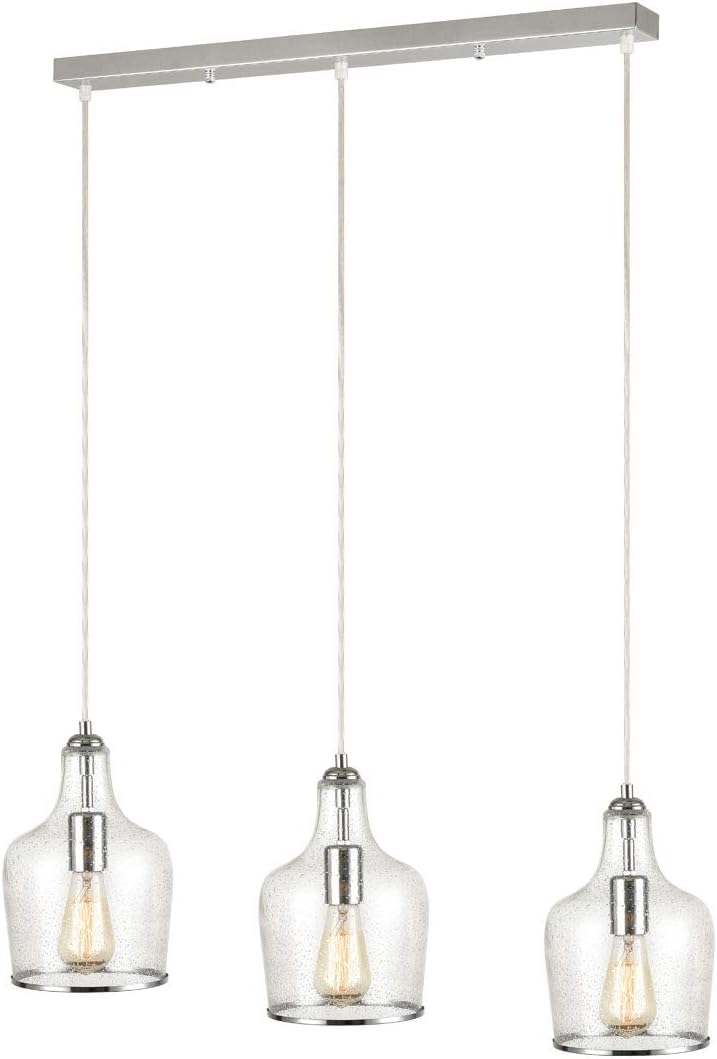 CLAXY Vintage Kitchen Island Pendant Light 3-Light Seeded Glass Hanging Chandelier Chrome Finish