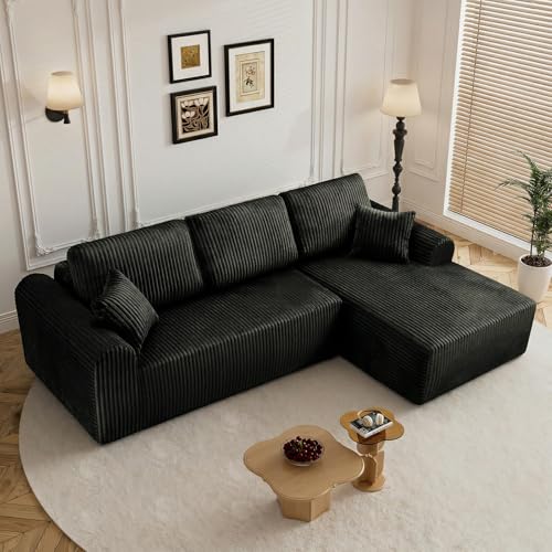 Image of 110 inch L Shaped Boneless Sectional Couches for Living Room, Comfy Corduroy Floor Cloud Sofa with Chaise, Wide Armrest, Deep Seat, Memory Foam, Assembly Free, Ideal for Small Spaces, Black