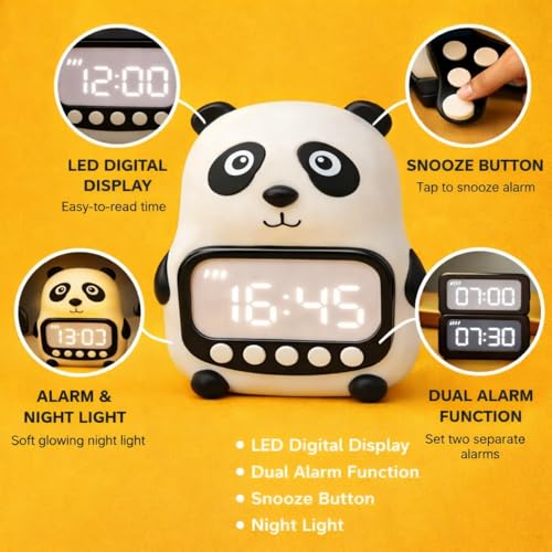 Image of One94Store Panda Shape Digital Alarm Clock with LED Display & Night Light | Snooze, Timer, Temperature Display | Kids Bedside Clock for Bedroom, Study Table & Home Decor