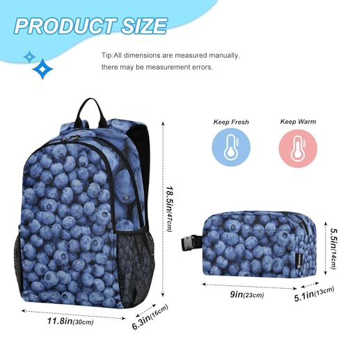 Blue Blueberry Backpack with Lunch Bag, School Travel Backpack for Teens Boys Girls Kids Backpacks Set2