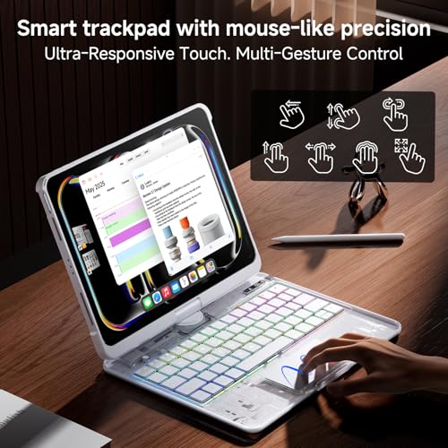 Image of Clear Wireless Keyboard Case for iPad Pro 11 Inch (M5 /M4) 2025 /2024 with Pencil Holder & Multi-Touch Trackpad, Visible PCB, 3-Brightness & 7-Color Backlight, 360 Rotating Stand,White