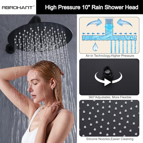 Sistema de ducha RBROHANT negro mate con grifo para bañera, juego de grifería para bañera y ducha de latón con válvula de tres vías, cabeza de ducha redonda de 10 pulgadas con grifo para bañera y ducha manual, modelo JK0300 miniatura 4