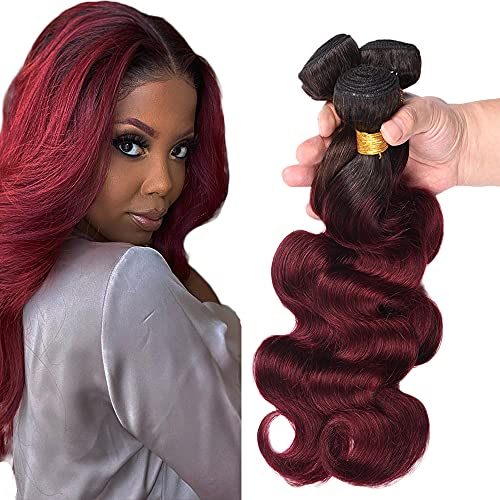 AuokMar Red Bundles Ombre Human Hair Bundle Extensions For Women 1b99j 3 Tow Tone Black To Natural Brazilian Remy Body Wave Real Weft 12 14 16 Inch