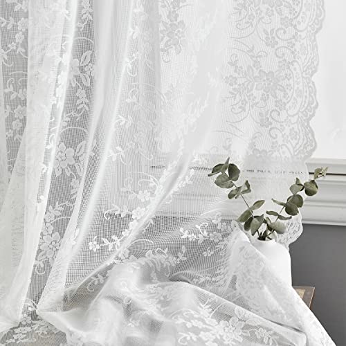Kotile White Lace Curtains 54 Inch Length For Small Window, Embroidery Vine Floral Vintage Lace Curtains 2 Panels Set, Rod Pocket Privacy Sheer Lace Window Curtains, 52 X 54 Inch, 1 Pair, White #TOP3