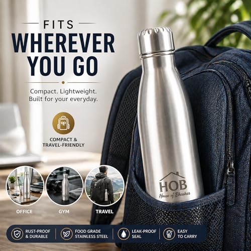 Image of HOB Stainless Steel Water Bottle 1 Litre | Flip Lid Sipper | Leak Proof | BPA Free | Rust Proof | For School, Gym, Office, Travel | Water Bottle for Kids & Adults | 1000ml |