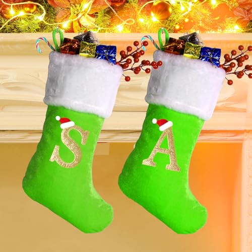 50,8 cm Monogramm Weihnachtsstrümpfe mit Buchstaben, große superweiche Weihnachtsstrümpfe grüner Samt mit weißer superweicher… – Ansicht 4