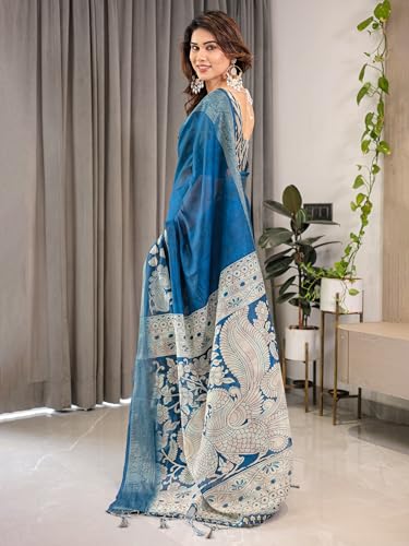 Image of ALMAARI FASHION Handloom Cotton Saree, Teal Blue with Silver Zari Border, Traditional Floral Print, 5.5 Metres with Blouse Piece