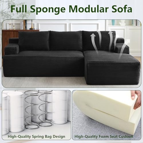 Image of 96 inch Modular Sectional Sofa, Modern Corduroy Cloud Couch with Side Pockets, Boneless Couch Upholstered 3-Seater L-Shaped Sofa for Living Room, No Assembly Required (Black, Right-Facing Chaise)