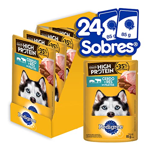 Alimento Para Perro, Pet Products PEDIGREE High Protein Alimento Húmedo para Perros Adultos Sabor Cerdo y Res 24 Sobres 85g c/u