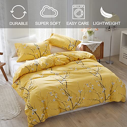 Yellow Floral Duvet Cover Set Queen, 3 Pieces Flower Plum Blossom Printed Bedding Set With 2 Pillowcases, Botanical Branch Comforter Cover Set Queen Size 90"X90"(Not Comforter) #TOP1