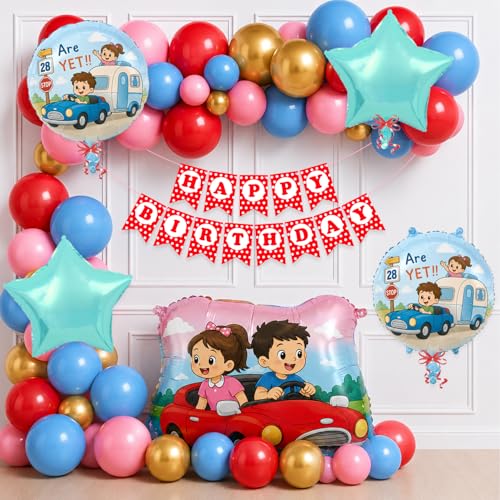 Image of Rozi Decoration Car Theme Birthday Decoration Kit for Kids with Foil Balloons, Happy Birthday Banner, Metallic & Pastel Balloons, Glue Dots for Birthday Party Decoration Pack of 42