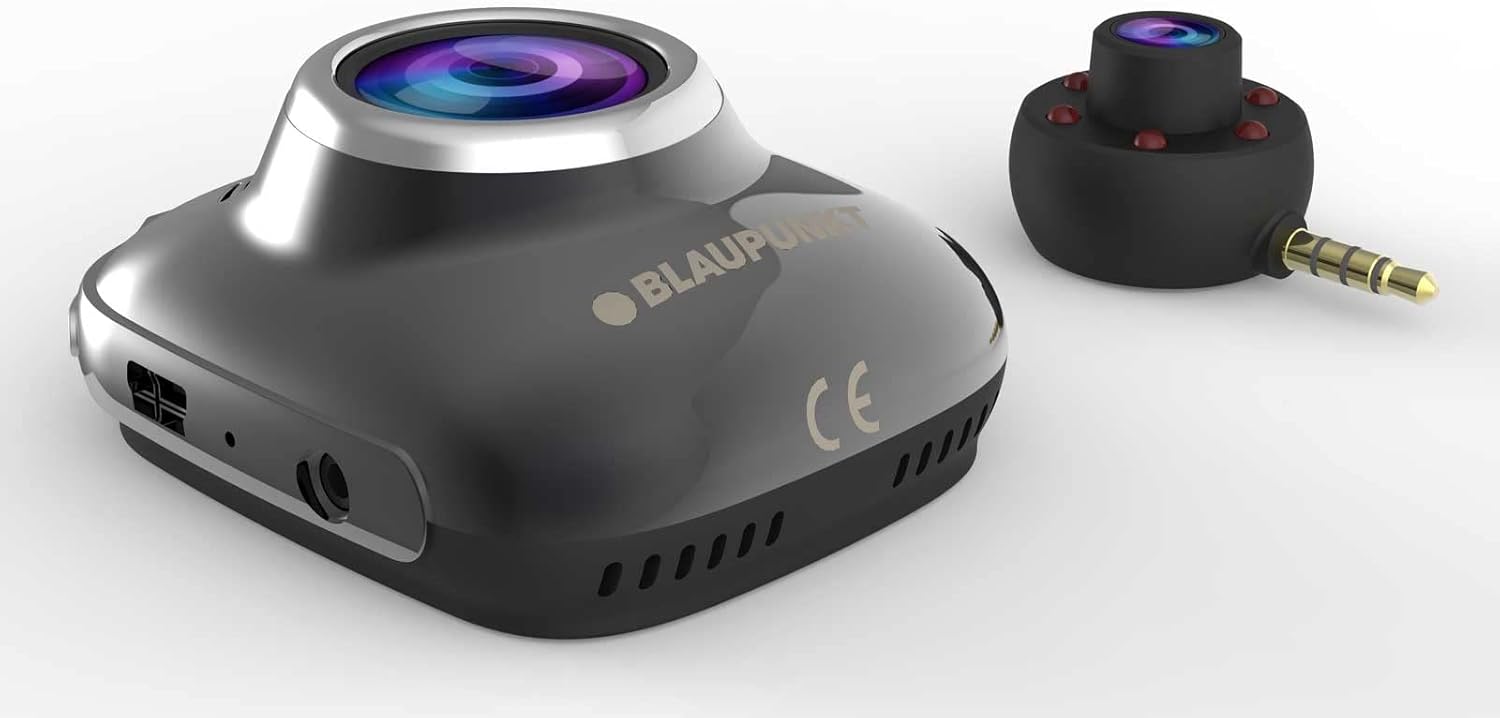 Kati-ake view of the Blaupunkt BP 4.0 FHD Dash Cam main unit and the separate interior camera with a 3.5mm jack connector.