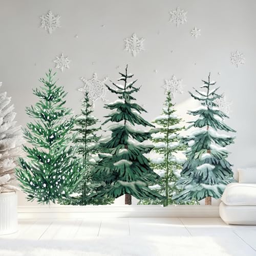 JarThenaAMCS 6 Sheets 35.4 x 71 Inch Winter Christmas Wall Stickers Snowy Forest Pine Tree Wall Stickers Peel and Stick Large Room Mural Decals for Xmas Home Party Decoration