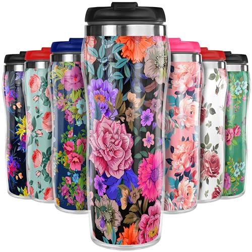 Pixly® Botanical Flowers Thermal Travel Mug Coffee Tea Flask, 400ml/14oz Capacity, Flower, Floral Pattern - Botanical Blush