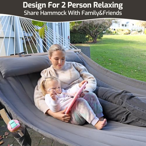 Image of Double Quilted Fabric Hammock with Hardwood Spreader Bars and Pillow 450 LBS Capacity 2 Person Large Hammock for Outdoor Patio Backyard Poolside - Dark Blue