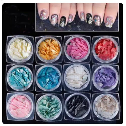 12 Boxes Japanese Goddess Nail Art Accessories Nail Design Nail Art Sets Fashion Nail Decoration Kits with Shell Flakes Aluminum Foil Gold Thread Sequins Bling Bling Rhinestone(Mixed-4) image 5