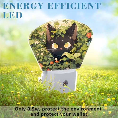 Image of Cute Black Cat in Grass Night Light for Kids Girls Boys, Black Cat LED Night Light Plug into Wall with Dusk to Dawn Sensor for Bedroom, Hallway, Kitchen, Bathroom, Stairs Decor