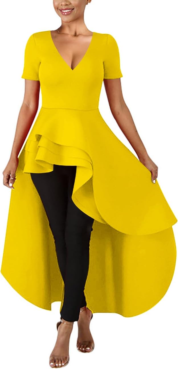 Lrady Womens V Neck Short Sleeve High Low Cocktail Party Dresses Peplum Tunic Tops Shirt Dress - Image 5