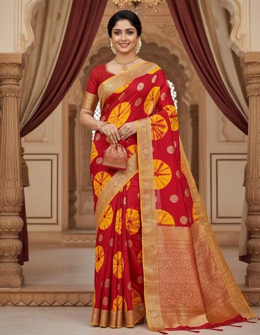 Image of Women's Georgette Batik Print Saree with Woven Zari Border Traditional Saree for Wedding Festival Use