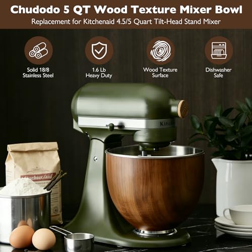 Image of Stainless Steel Mixer Bowl, Compatible with KitchenAid 5 Quart Tilt-Head Stand Mixers, Fit for K45, KSM75, KSM90, KSM150, Wood Texture, Heavy Duty, Dishwasher Safe, No Residue