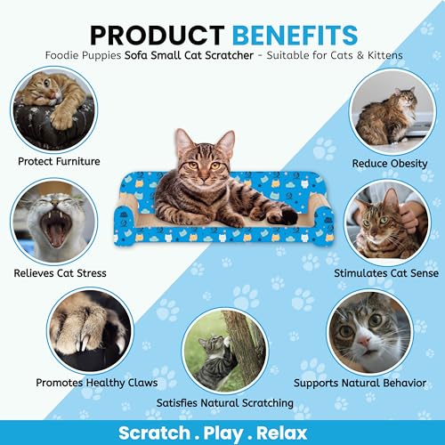 Image of Foodie Puppies Cat Scratcher Pad with Catnip for Cats & Kittens - (Sofa, Small) (43 x 26 x 13 cm) | Durable Modern Longue Corrugated Cardboard Cat Scratching Pad for Furniture Protection & Play