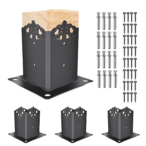 Kit de 4 soportes de base de poste de pérgola para valla de madera, soportes de base de anclaje de poste negro resistentes para buzón de barandilla de cubierta de 4 x 4 (tamaño interior 3.5 x 3.5)