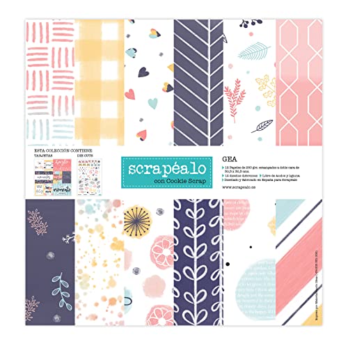 Gea: Colección de 18 (12+6) papeles para scrapbooking con hoja de diecuts incluida | tamaño de 30,5 x 30,5 cm. | papel de 250 gr./m² | 12 papeles impresos a doble cara + 6 a una cara.