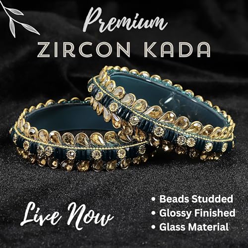 Image of NMII Glass Golden Zircon Stone & Kundan Beads Kada Set For Women & Girls | Fancy Design Kada Bangles | Traditional Look Kangan | Glass Bangles For Women Wedding, Party, Function, Daily use