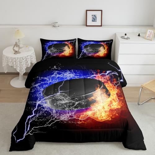 Erosebridal Ice Hockey Bedding Set Twin, Flame Puck Comforter Set for Kids Boys Teens Adult Bedroom, Sports Games Bedding Comforter Sets Ice Hockey Gifts for Teenage Boys, Fire Water Lightni