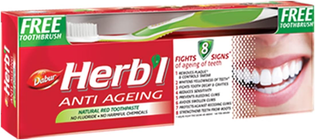 Herbal Anti-Ageing Natural Red Toothpaste (150g + Toothbrush) | Enriched With Calcium & Ginger | For Healthy Gums & Strong Teeth | Fights 8 Signs of Ageing Teeth