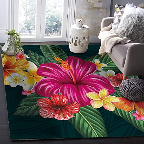 Large Rectangular Area Rugs 3' X 5' Living Room, Close-Up Red Floral Hibiscus Durable Non Slip Rug Carpet Floor Mat For Bedroom Bedside Outdoor Green Plants Leaves Frangipani #TOP2