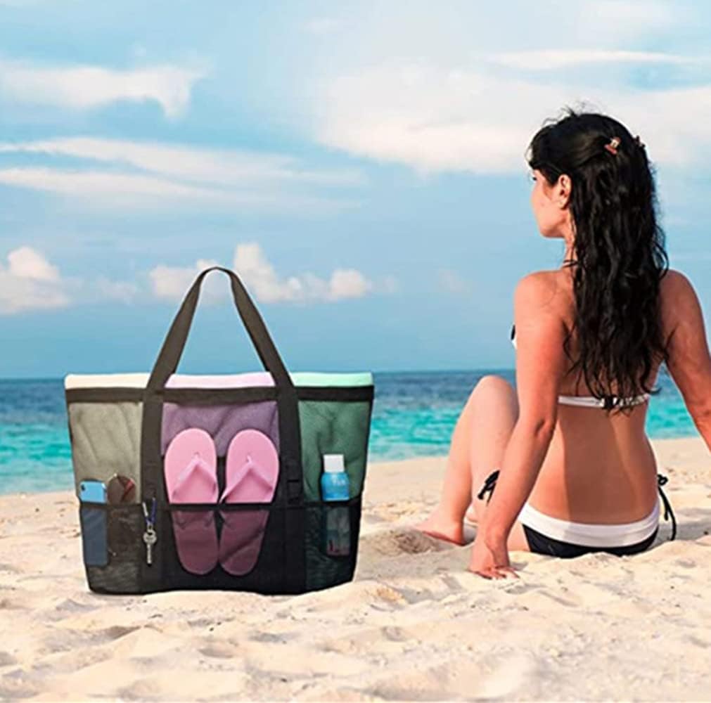 siawadeky ビーチバッグ 超大きいサイズ メッシュトートバッグ プールバッグ 通気性 大容量 収納力 トイレタリーバッグ 小物ポケット付き 洗面用具入れ タオル 衣類 スリッパ 収納袋 砂遊び 海遊び 温泉バッグ