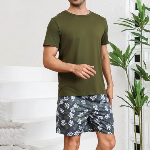 Sinzelimin Men Pajamas Set Home Casual Outfits Fashion Solid Color Short Sleeves T-Shirts Tops and Floral Shorts 2 Piece Suit2