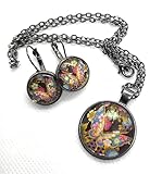 metallo Set Parure Farfalla su sfondo Nero Giapponese Orecchini Collana con Ciondolo Cabochon, Idea Originale per Regalo Natale, Fatto a Mano, Gioielli Donna